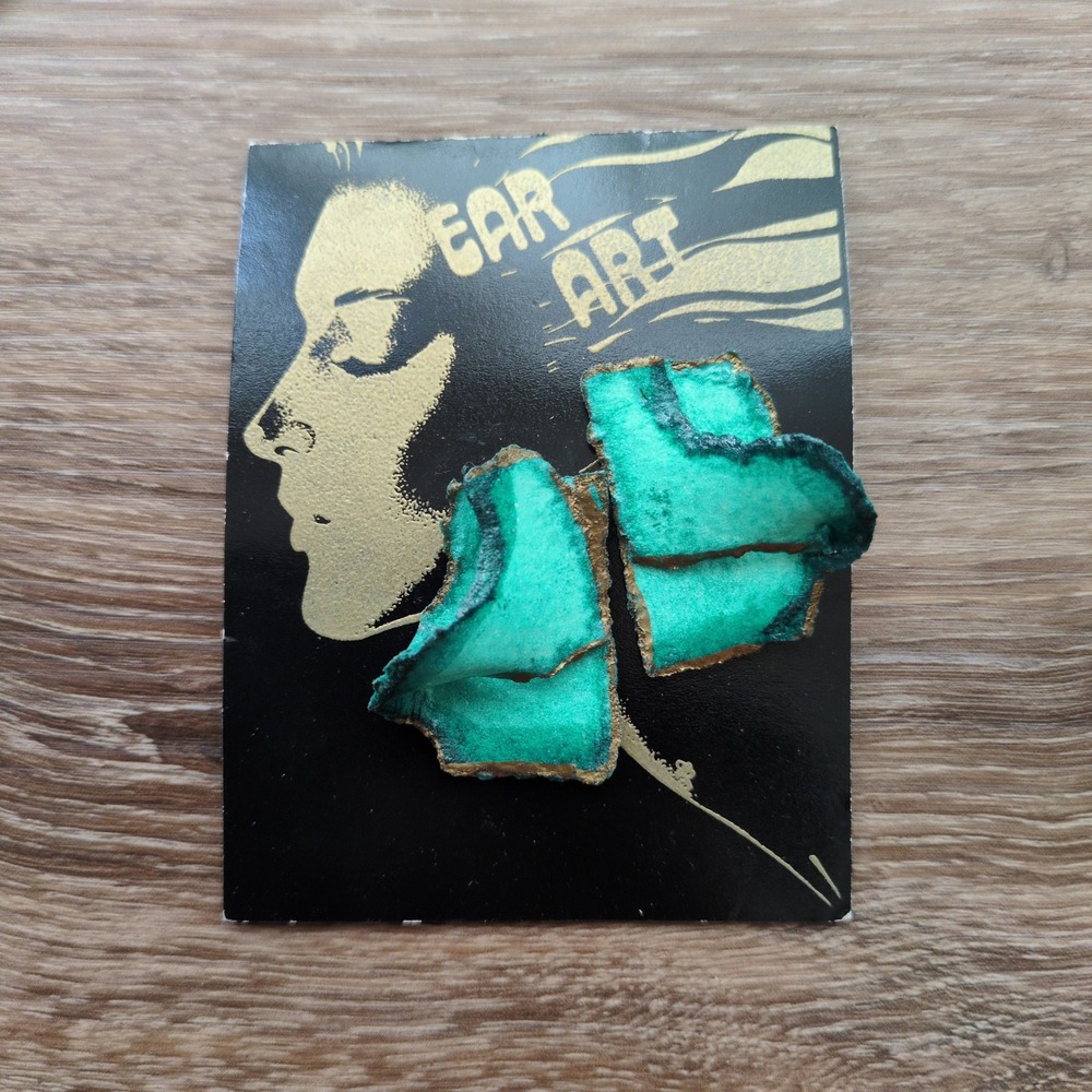 Vtg 80s Gwen Ear Art Earrings Teal Gold Handmade Signed Statement Retro Abstrat